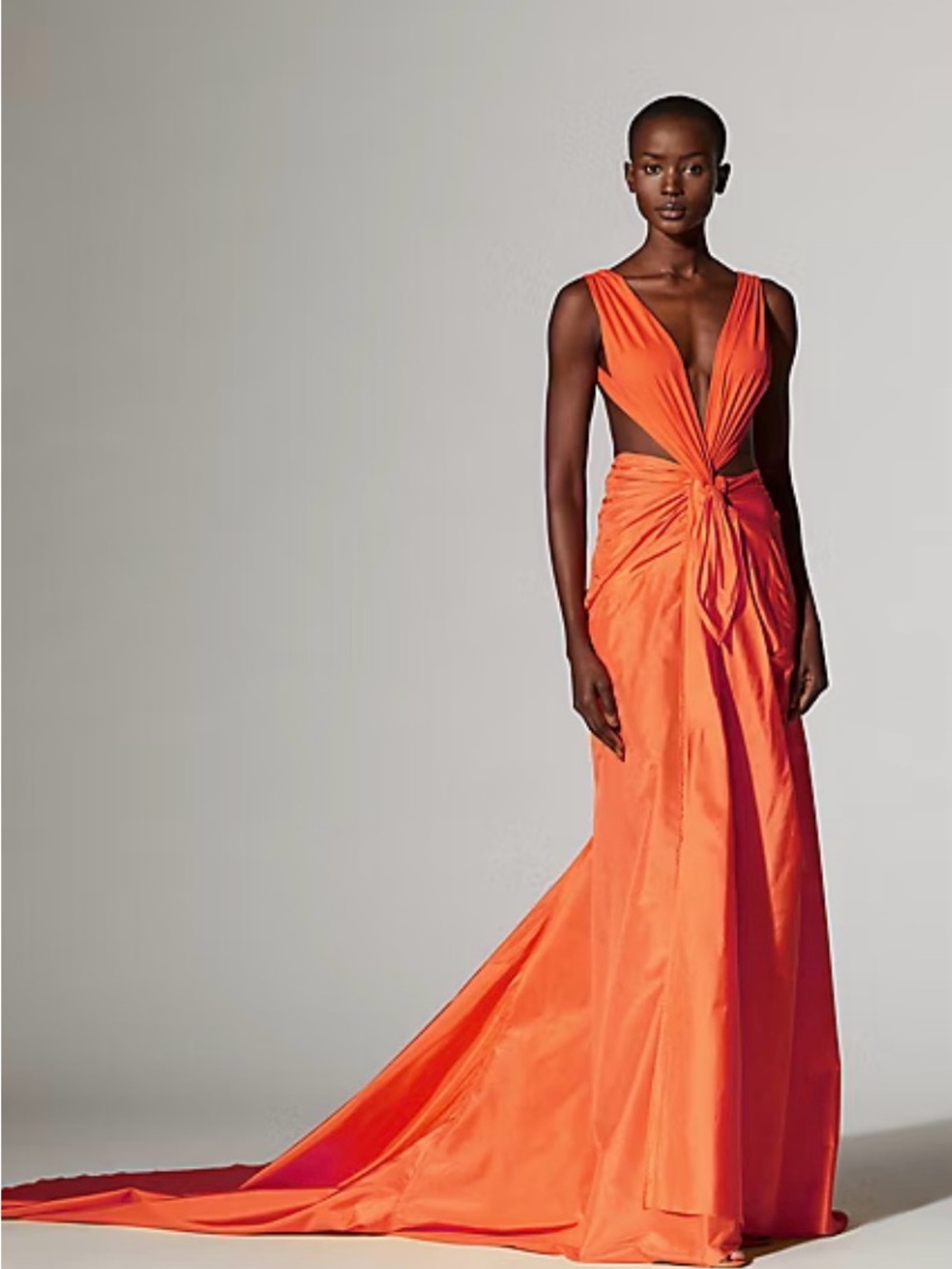 Elegant Orange Plunging-Neck Evening Gown